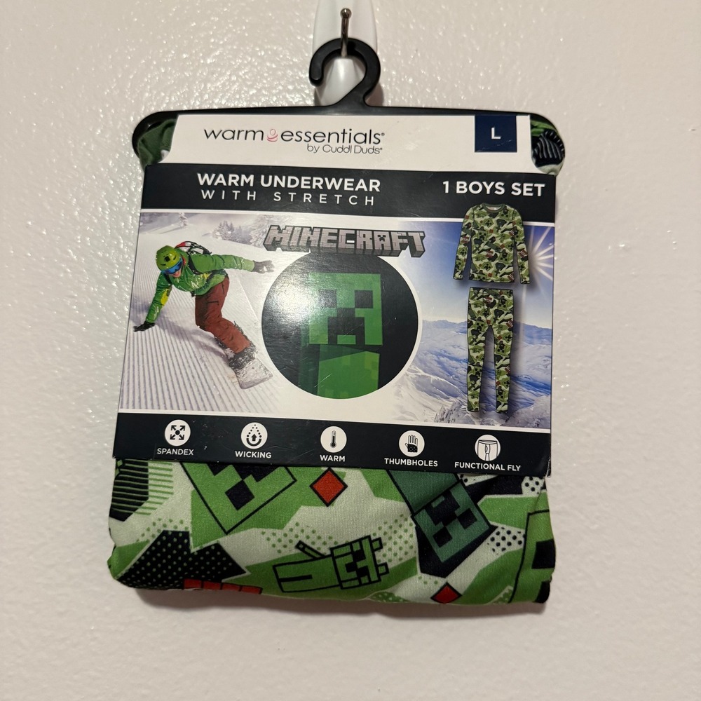 Warm Essentials Cuddl Duds Minecraft Creeper Boys Thermal Base Layer Set L 10/12